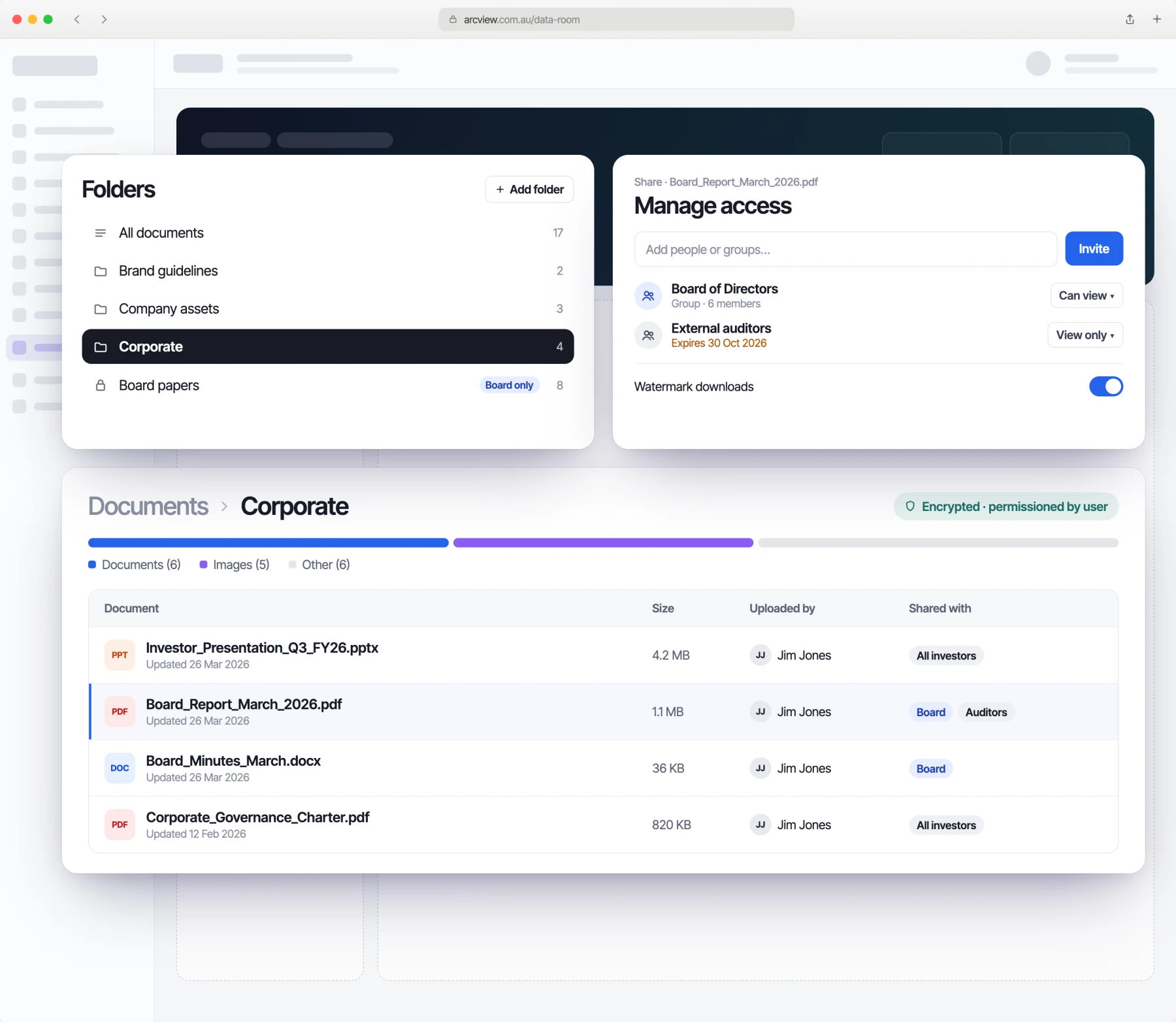 ARC secure data room: encrypted corporate documents shared by permission, with folders and a manage-access panel for invites, expiry and watermarked downloads