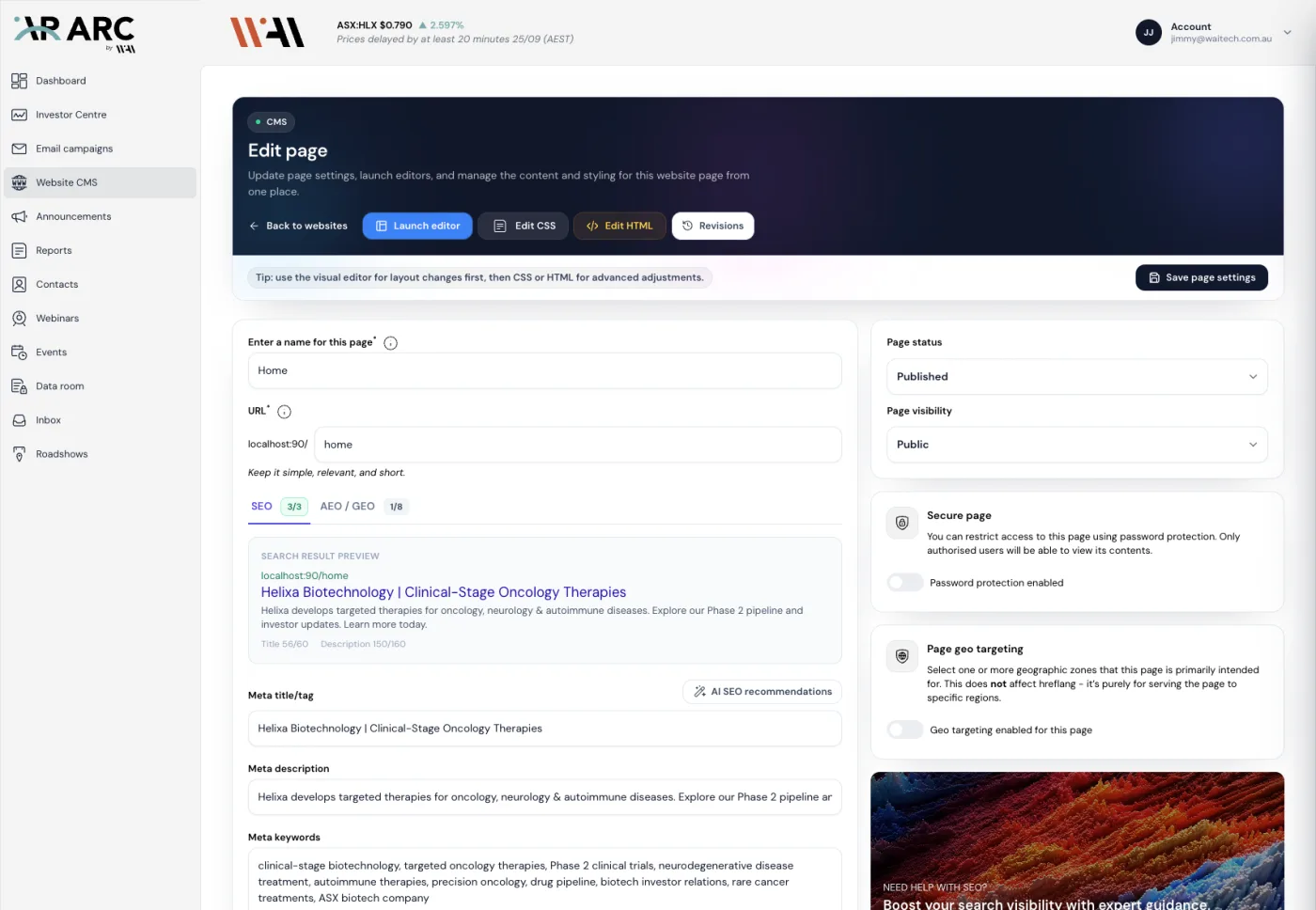 ARC page settings with SEO preview, secure page and geo targeting options