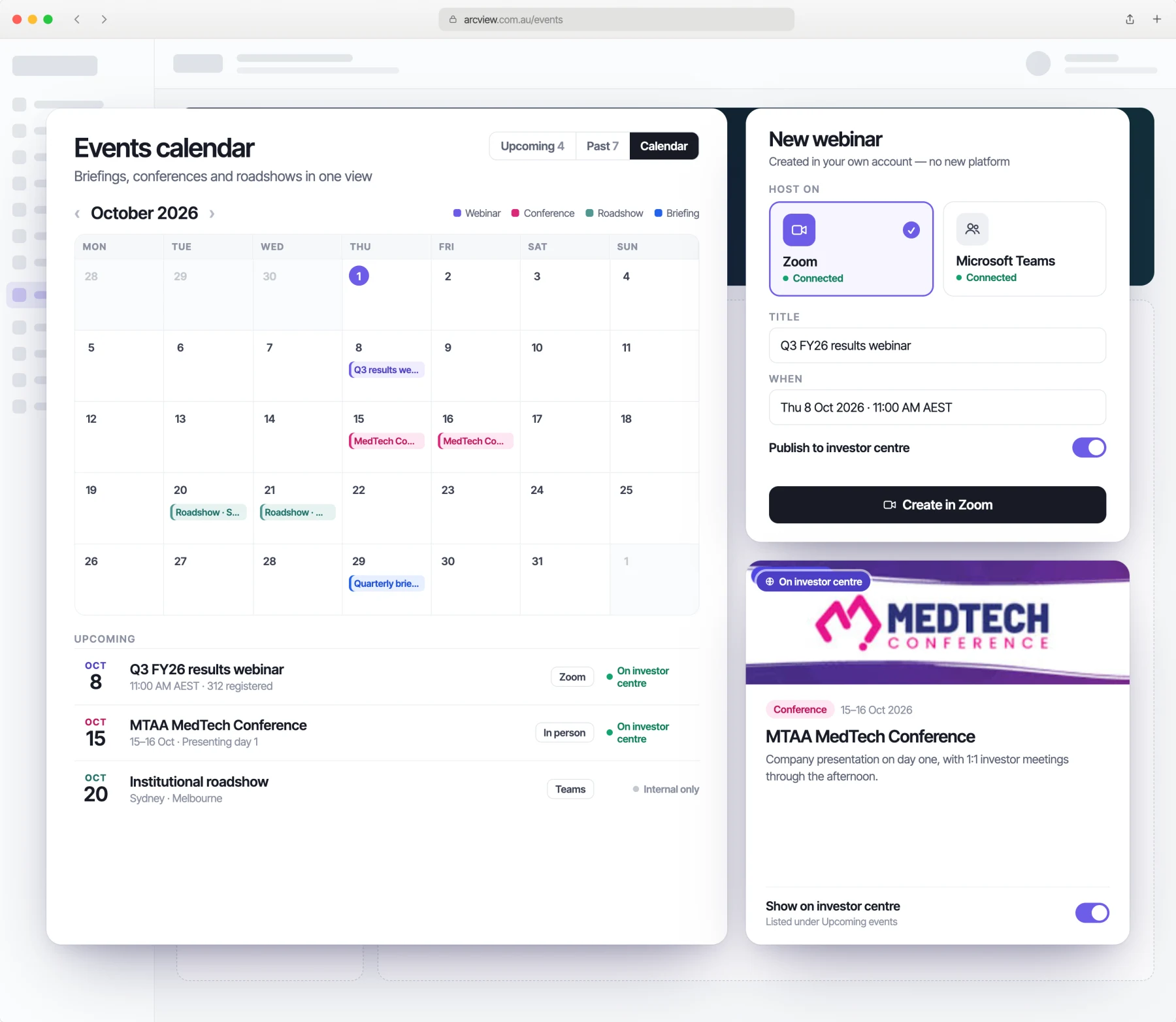 ARC events calendar with webinars, conferences and roadshows, a new webinar being created in Zoom or Microsoft Teams, and a conference published to the investor centre