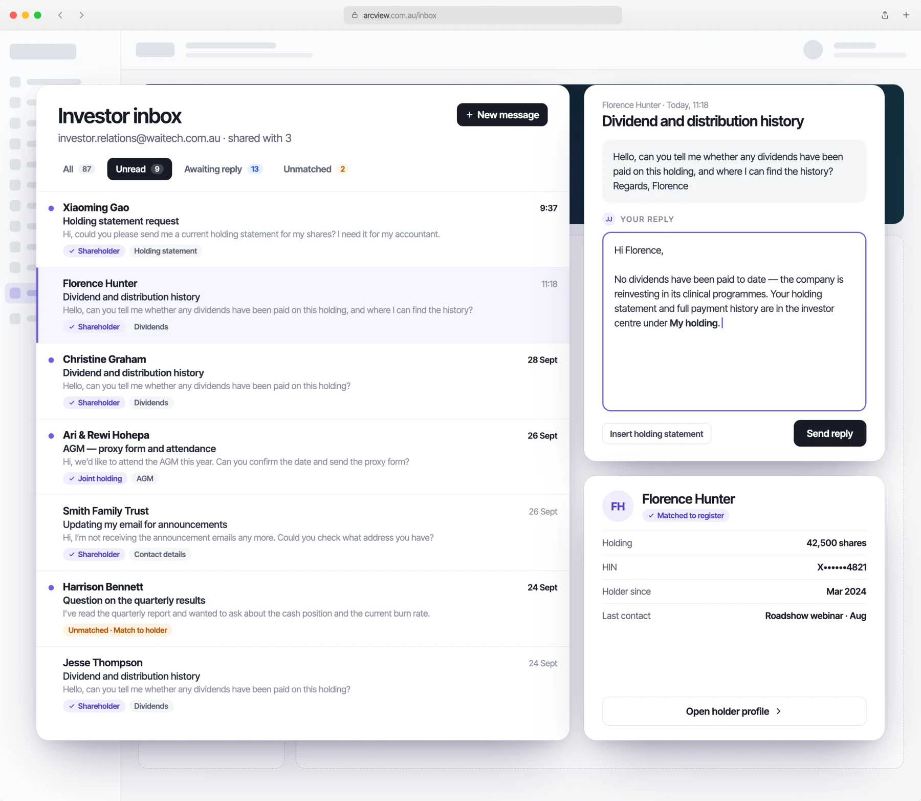 ARC investor inbox with shareholder questions matched to register records, a reply being drafted, and the holder profile alongside