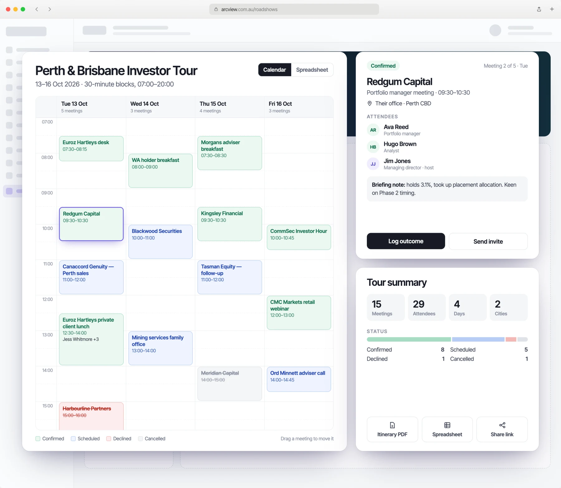 ARC roadshow calendar for a Perth and Brisbane investor tour, with meeting statuses, attendee briefing notes and a tour summary with itinerary export