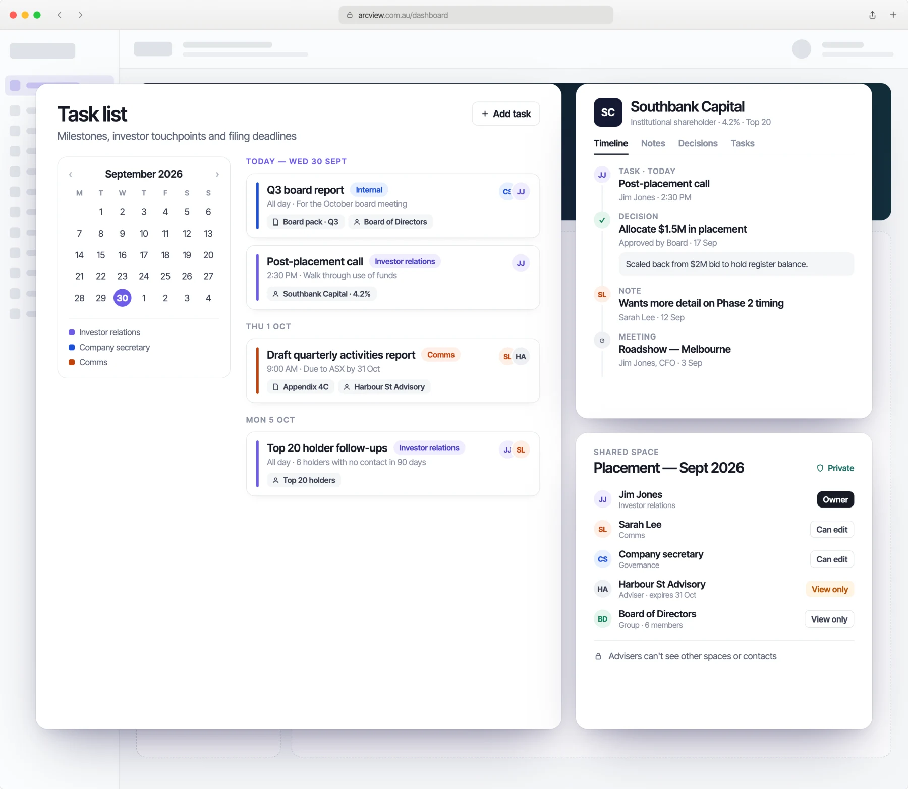 ARC task list and calendar with IR milestones, a shareholder timeline of tasks, decisions and notes, and a private shared space with role-based access
